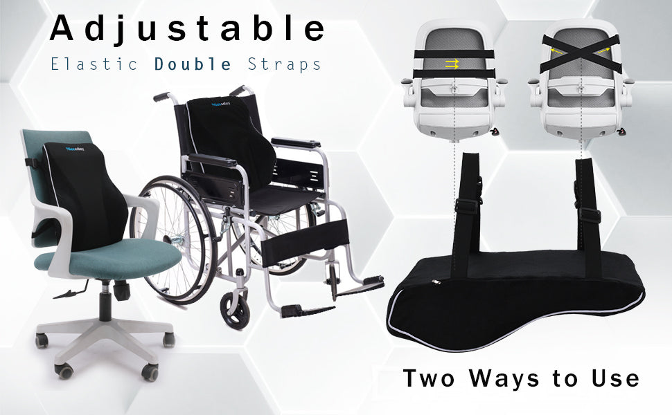 Niceeday lumbar support pillow with adjustable double elastic straps, shown on office chair and wheelchair, featuring two mounting options for secure back support in various seating types.