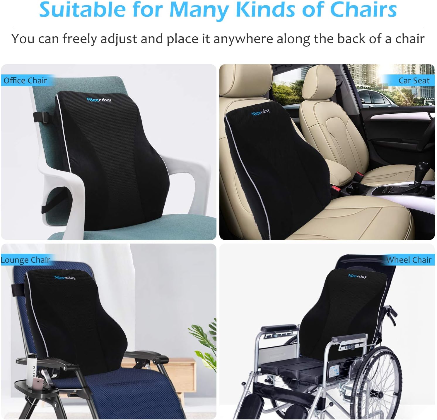 Niceeday lumbar support pillow for multiple chair types – ergonomic memory foam cushion shown on office chair, car seat, lounge chair, and wheelchair for adjustable back support and improved posture.