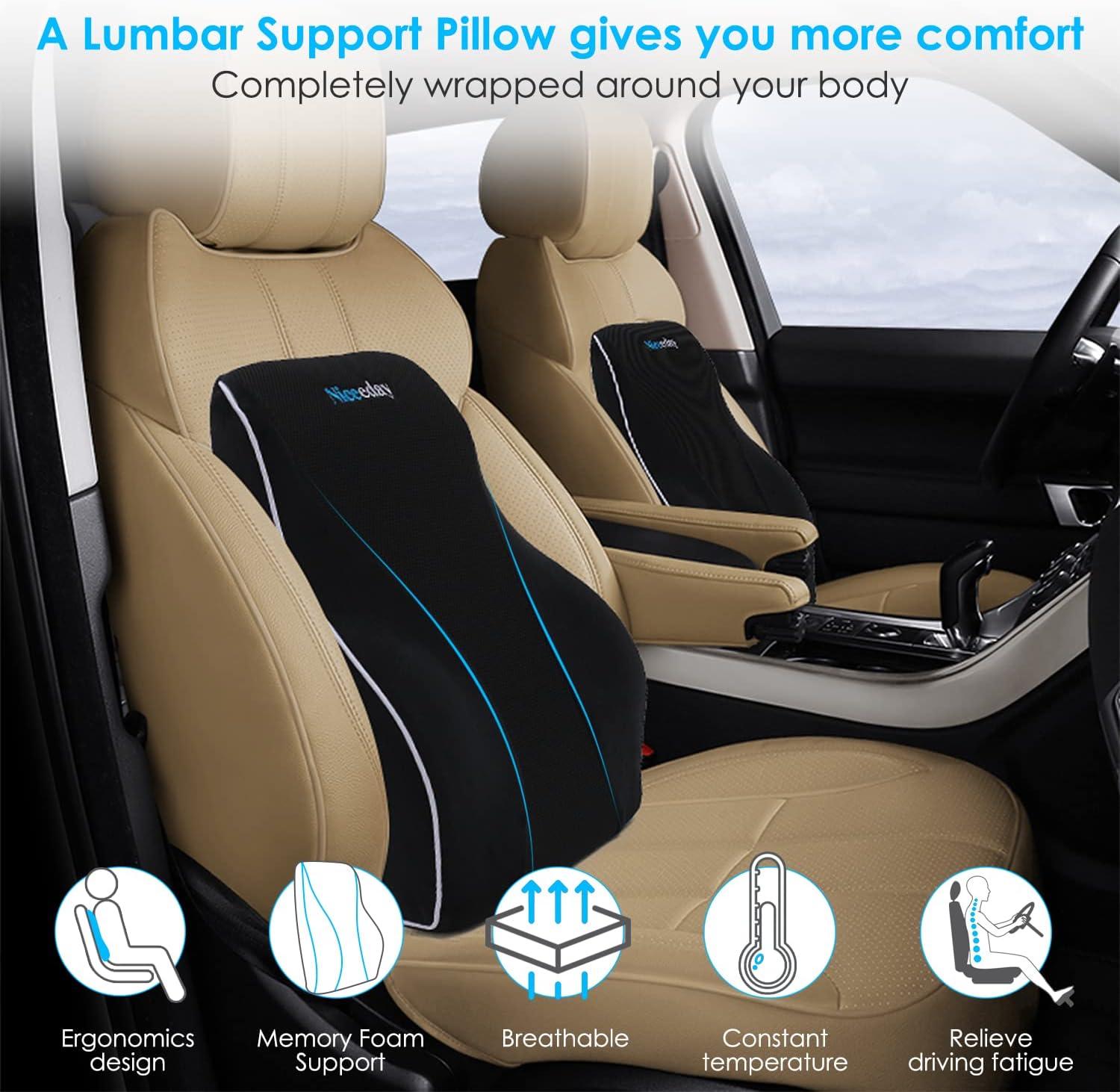 Niceeday lumbar support pillow for car seats – ergonomic memory foam cushion with breathable design, constant temperature comfort, and posture support to relieve driving fatigue, shown on beige leather car seats.