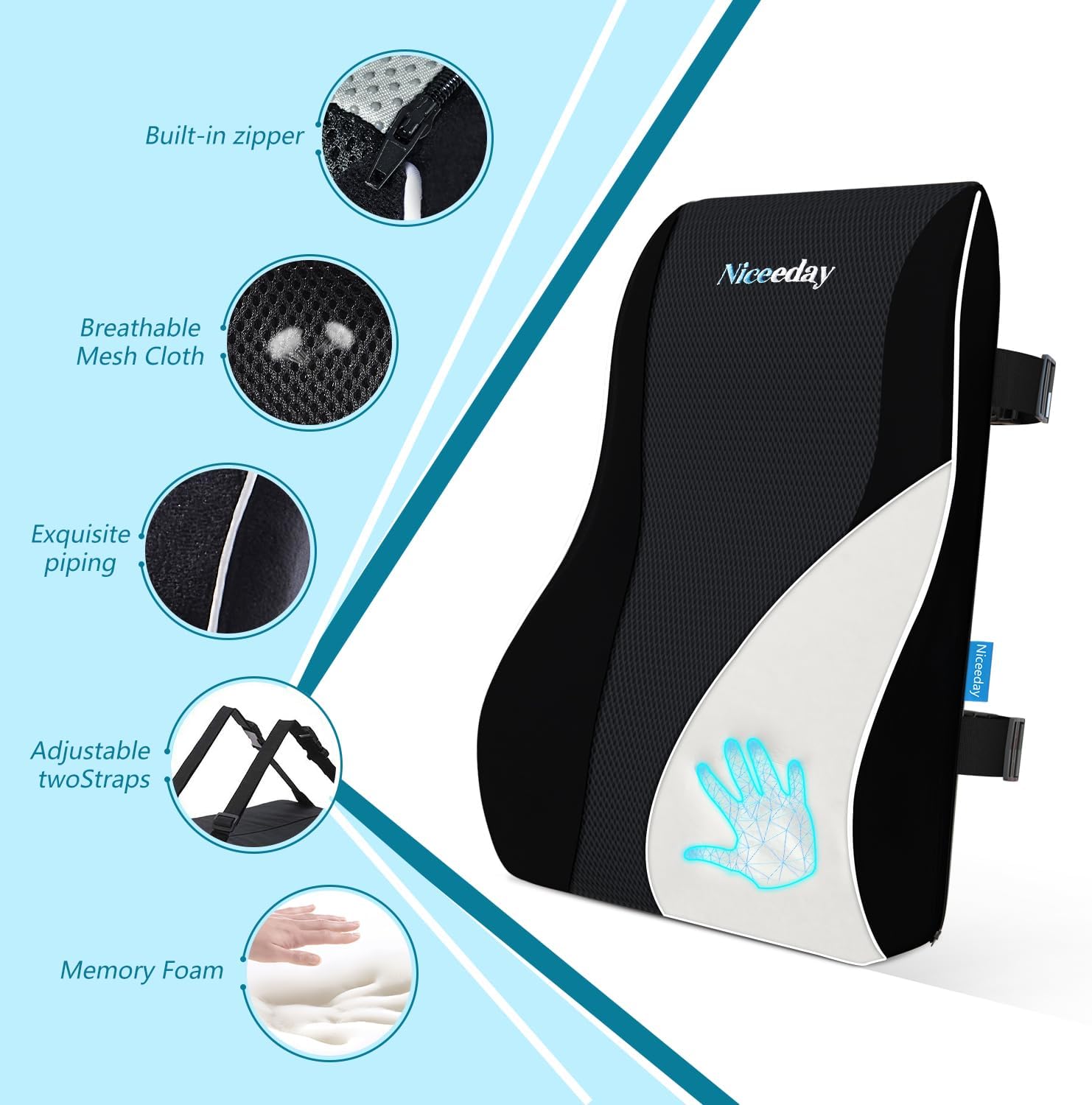 Niceeday memory foam lumbar support cushion with breathable mesh cloth, built-in zipper, exquisite piping, and adjustable straps for ergonomic back support in office or car chairs.