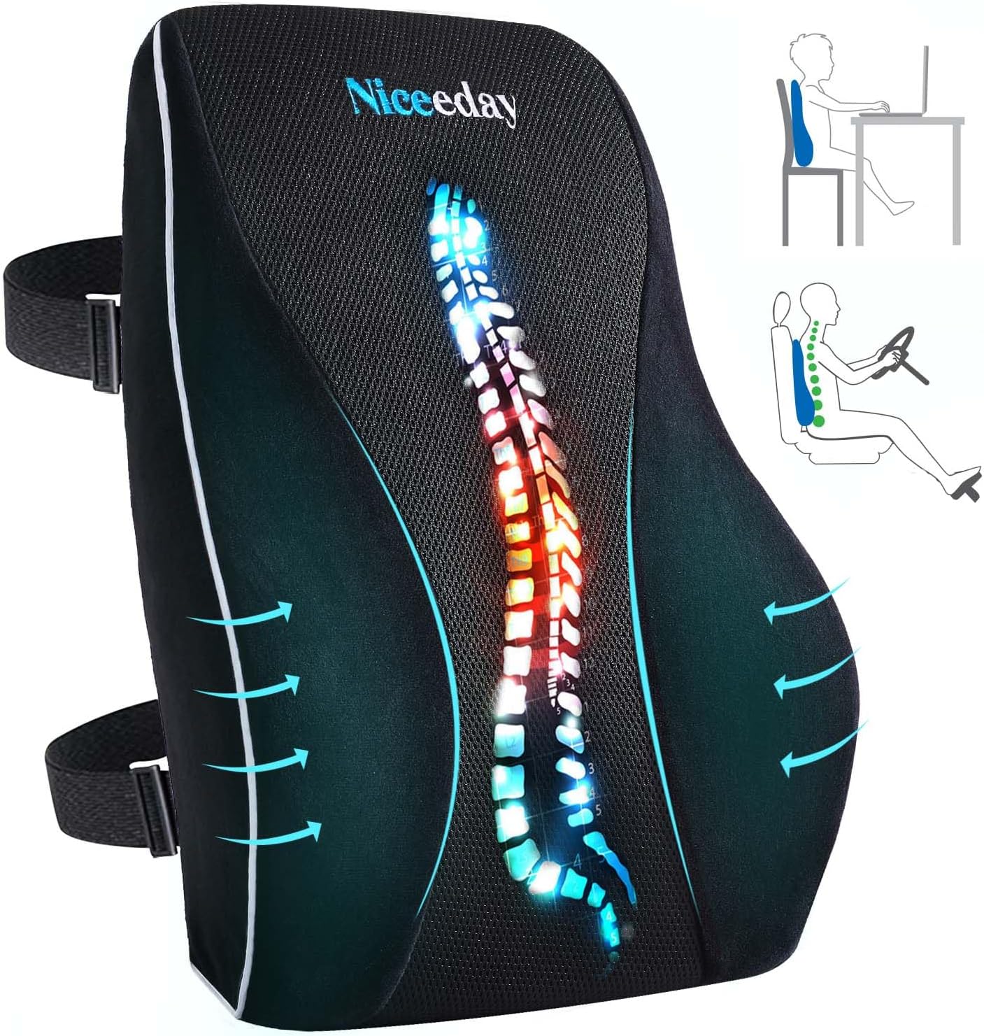 Niceeday lumbar support pillow with ergonomic design and memory foam, featuring spine alignment graphic, breathable mesh cover, and adjustable straps for office chairs and car seats.