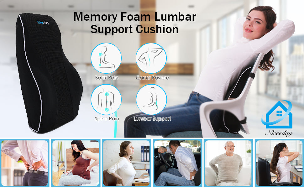 Niceeday memory foam lumbar support cushion for office chairs, featuring ergonomic design to relieve back pain, spine pain, and improve posture, with illustrations of benefits and people using the pillow in various settings.